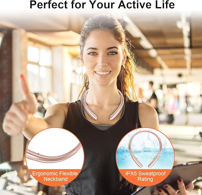 Bluetooth 5.0 Neckband Bluetooth Headphone, Sweat Resistant Noise Cancelling Stereo Headphones, and Retractable Ear Tips for Music, Conference, Videos(Rose Gold)