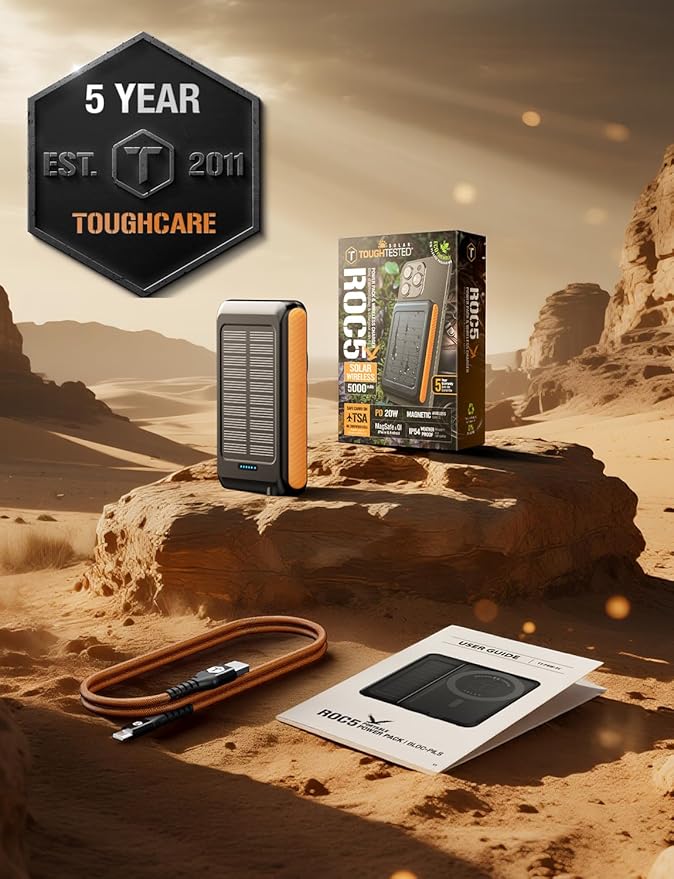 ToughTested ROC 5 Solar Power Bank 5000mAh, MagSafe Compatible Wireless Charger for iPhone 17/16/15/14/13, QC3.0 USB-C PD20W, IP54 Rugged Outdoor Battery with 5-Year Warranty for Travel, Camping