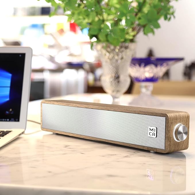 MICA Computer Speakers, Wired Computer Sound Bar, Wooden Mini Soundbar, USB Powered PC Speakers 3.5mm AUX & PC Input (Yellow)