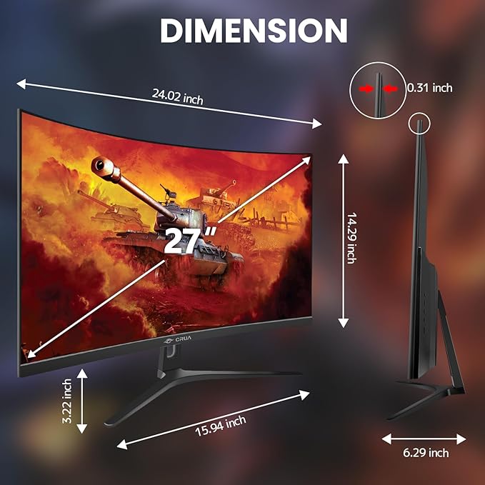 CRUA 27" Curved Gaming Monitor, FHD 1920x1080P, 144Hz/180Hz Computer Monitor, 1800R VA Screen, 120% sRGB, AMD FreeSync, HDMI & DP, Wall Mount Install- Black