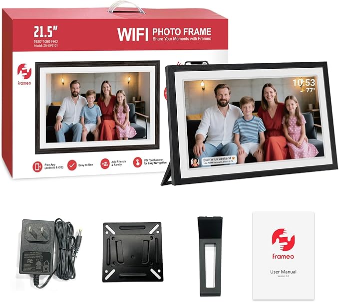 21.5inch FRAMEO Digital Photo Frame with 1920x1080 FHD IPS LCD Touch Screen, Dual-WiFi Share Moments via Frameo, 32GB Storage, USB Drive/SD Card Extend Storage, Auto-Rotate, Wall Mountable with VESA