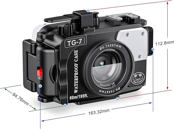 Seafrogs 60m/195ft Underwater Camera Housing for Olympus TG-7 – Waterproof Case with 52mm & 67mm Thread, Dual Fiber Optic Ports, Leak Detection, Stainless Steel Mounting Plate (TG-7-black)