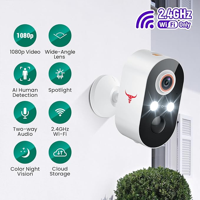 1080P Security Camera Wireless Outdoor with AI Human Detection, Live View, 2.4G WiFi, Home Security System, Instant Alerts, 2-Way Audio, Cloud Storage, Battery Powered (1 Pack)