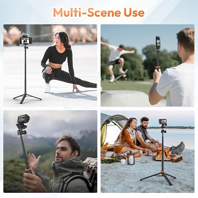 Selfie Stick Tripod for Gopro Camera, 62" Extendable Tripod Stand with 360° Ball Head 1/4" Screw, Portable Lightweight Camera Tripod for GoPro Max Hero 13 12 11 10 9 8 DJI OSMO Action Camera