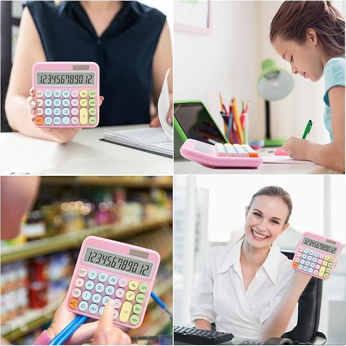 Pink Calculator, Standard Calculator 12 Digit with Large LCD Display and Big Buttons,Pink Office Accessories for Women Desk, Cute for Office,School, Home, Business(Colorful Pink)