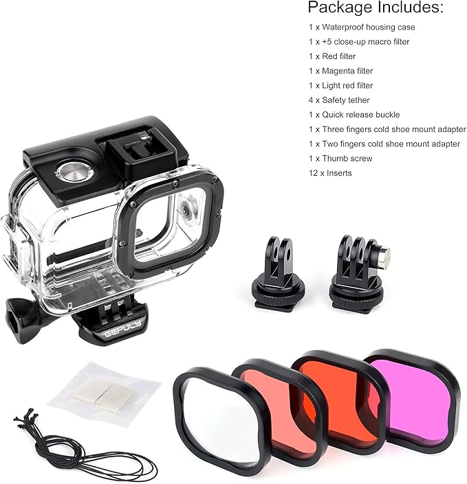 Waterproof Case with Dive Filters for GoPro Hero 13 12 11 10 9 Black, 60M Underwater Protective Dive Housing Case with Red, Snorkel, Magenta, 5X Close-up Macro Filters