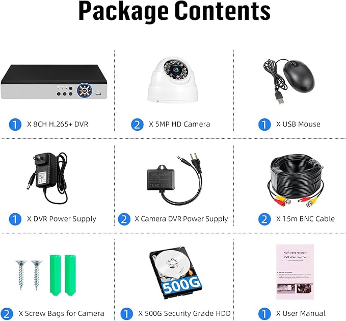 Fuers 5MP Security Camera System Indoor with AI Human Detection, 8CH H.265+ Security DVR Recorder and 2 x 2592TVL 5MP Home CCTV Dome Surveillance Cameras, Smart Playback, Email Alert,500G Hard Drive