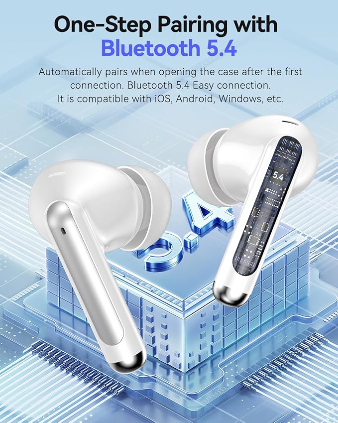 Bluetooth Headphones True Wireless Earbuds 42H Playback LED Power Display Earphones with Charging Case IPX7 Waterproof in-Ear Ear Buds with Mic for Sports, White