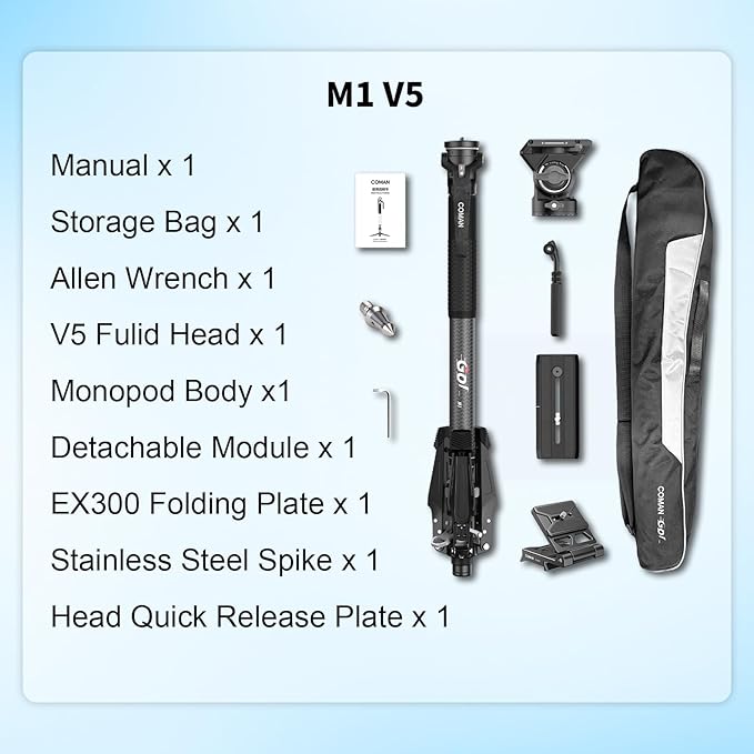 COMAN M1V5 Camera Monopod, One-Click Lifting Monopod with Feet, 67'' Lightweight monopod with V5 Fluid Head Quick Release Plate for Camera, DSLR, Camcorder