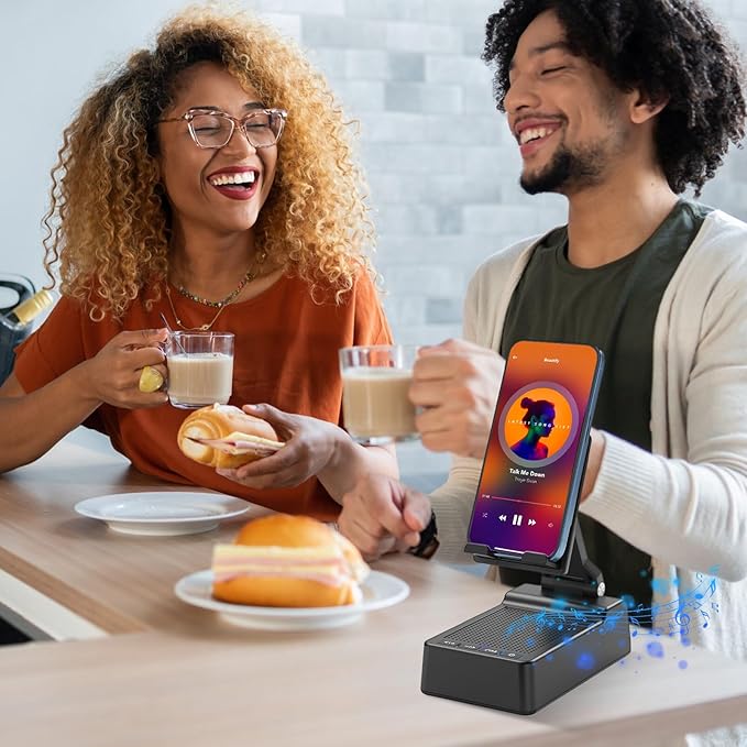 Multifunctional Cell Phone Stand with Wireless Bluetooth Speaker and Anti-Slip Base, HD Stereo Compatible with Multiple Devices, Tech Gadgets Gifts for Men/Women/Parents/Child (Black)