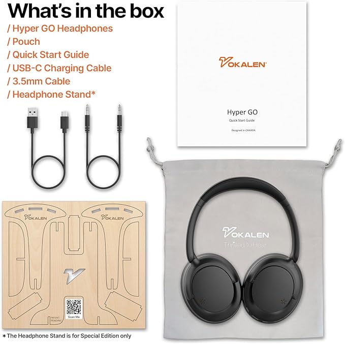 VOKALEN Hyper GO Wireless Over-Ear Noise Cancelling Headphones with Mic, 60H Playtime, Bluetooth Headset, Hi Res Audio, Deep360 Spatial Audio, Ultra-Lightweight for Travel, Work, Study (Black)