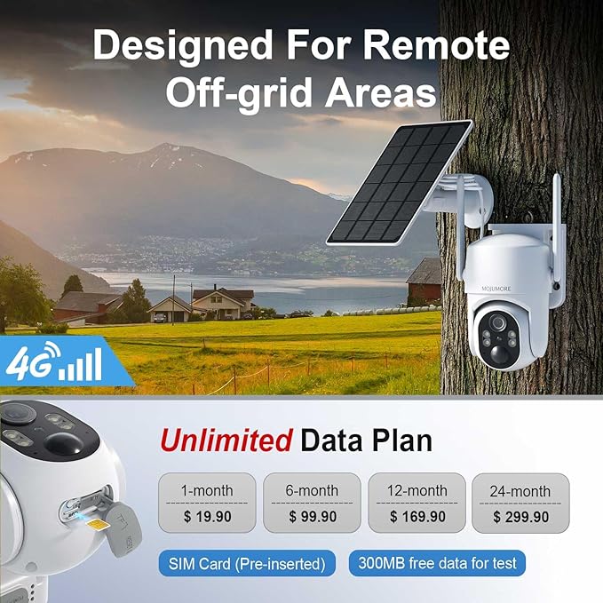 4G LTE Cellular Security Camera, No WiFi Security Cameras Wireless Outdoor, Solar Outdoor Camera Wireless, PIR Detection, 2K Color Night Vision, 360° PTZ, Built-in SIM Card
