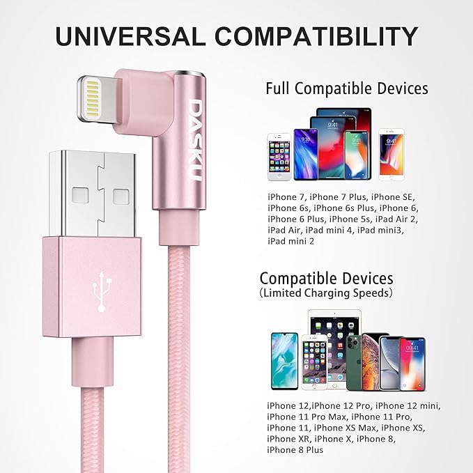 2 Pack 90 Degree iPhone Charger 10Ft Mfi Certified Lightning Cable Right Angle Long Nylon briaded Cord Compatible with Apple iPhone 14 13 12 11 Pro Max XS XR X 8 7 6 5 Plus iPad (Pink)