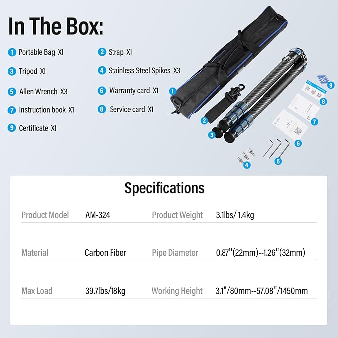 SIRUI AM-324 Professional Camera Tripod, 57” Compact Carbon Fiber Tripod for Mirrorless Camera, DSLR, 4-Section with Max Tube Dia 32mm, Load Up to 39.8lbs/18kg