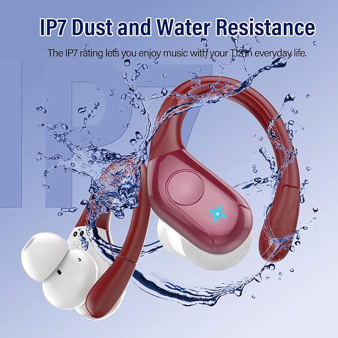 Wireless Earbuds Bluetooth 5.4 Headphones 75H Stereo Deep Bass Sports Over Ear Buds with Earhooks, LED Display Bluetooth Earbuds with 4 ENC Mic, IP7 Waterproof Earphone for Running, Red
