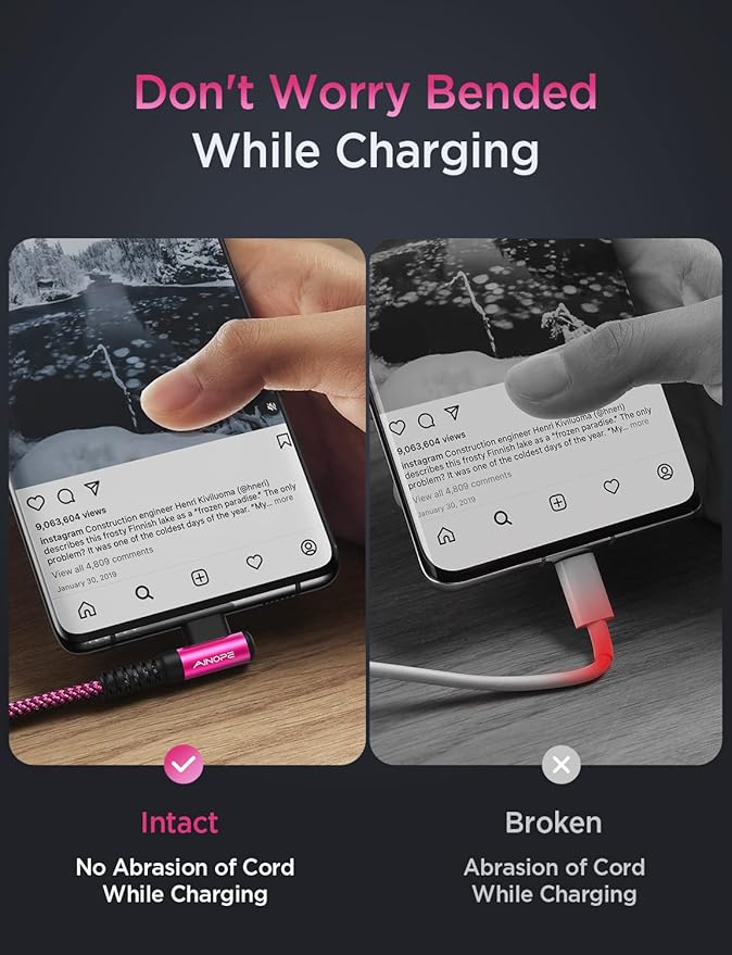 AINOPE USB C Cable 60W 2-Pack 6.6ft Nylon Braided USB C to USB C Cable Type C Charger Fast Charging Right Angle USBC Cable Charger Cord for iPhone 16 Pro Max 15 Plus Samsung S24 S23 iPad Pro Rose Red