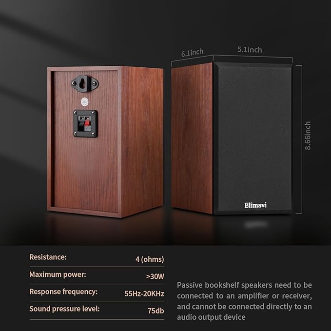 30W*2 Passive Bookshelf Speakers for Record Players and Home Theater Systems, Midrange and High-Frequency Stereo Speakers, Indoor Rear Surround Speakers, Requires a Amplifier,Wood Grain Color