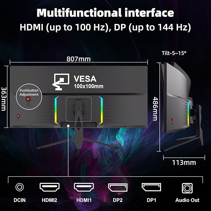 34 Inch Curved Gaming Monitor 4K, (3440x1440) 165Hz Ultrawide Computer Monitor, HDR, 1500R, 125% sRGB, DCI-P3 92%, HDMI/DP and Built-in Speaker Support Wall- Black