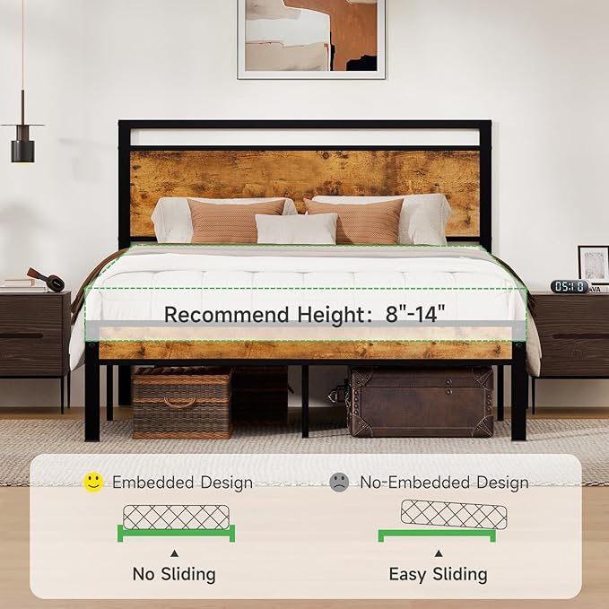 Z-hom Queen Bed Frame with Modern Wood Headboard & Footboard, Upgraded Heavy Duty Metal Sturdy Bed Frame Queen Size, Stable Platform Bed Furniture Bed Storage, No Noise, No Box Springs, Vintage Brown