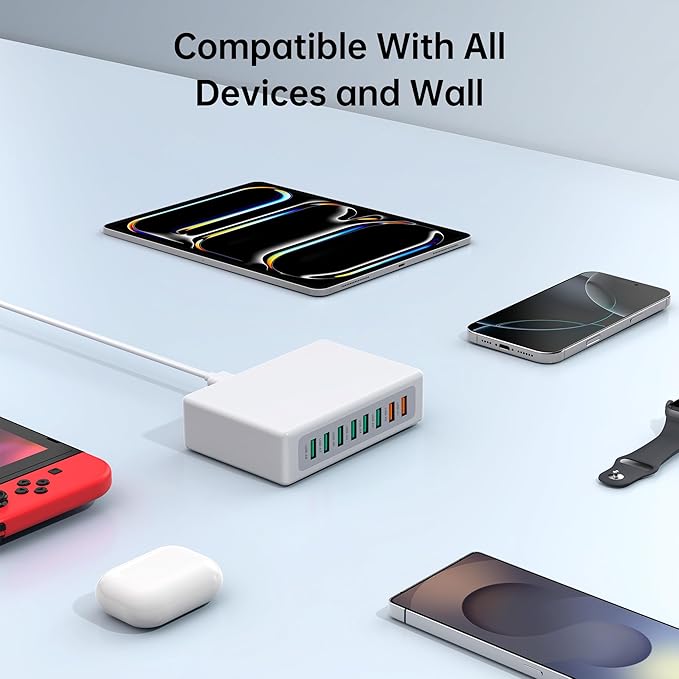 USB Charger Block, 100W 8 Port USB Charging Station for Multiple Devices, QC 18W Fast Charging Hub Power Strip Adapter for iPhone 17 16 15 14 13, iPad Pro, Galaxy, Note, LG HTC and More, 5ft Cord