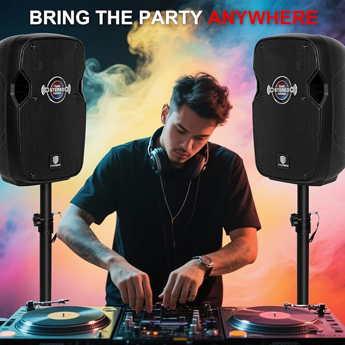 PRORECK 10-Inch Stereo Speakers, 850W Peak Power Bluetooth PA Speaker, with Wired Microphone, Speaker Stands & Remote β Portable DJ Speaker for Parties, Events, Karaoke, Outdoor Use