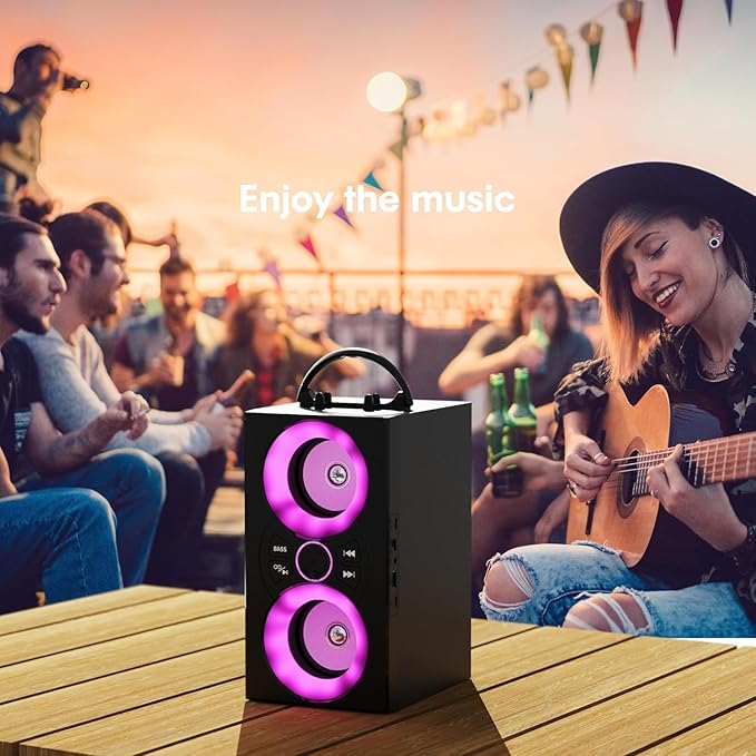 Portable Bluetooth Speaker with TWS, Lights, Remote Control and Phone Holder,Multiple Inputs for Music Playback,20W Wireless Subwoofer, TF Card Slot, USB Port, AUX Input, Type C Cable
