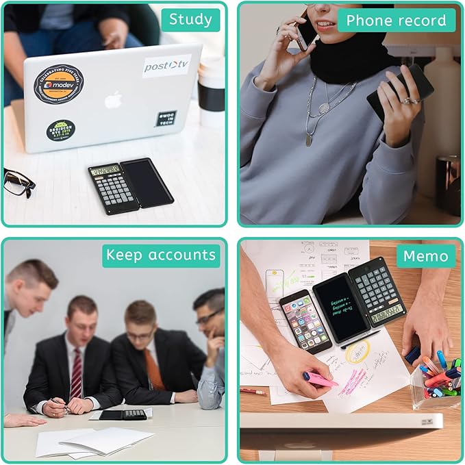 Calculator, 12-Digit Large Display Office Desk Calcultors with Erasable Writing Table, Solar and Battery Dual Power Pocket Desktop Calculator for Basic Financial Home School, Black