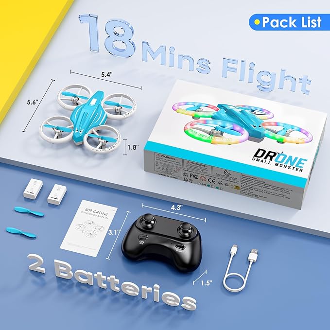Drone, Mini Drone for Kid and Beginner with Led Light, Small Indoor Rc Drone with 360 Flip, 2 Batteries, One Key Take Off Landing, Kids Flying Toy Gift for Boy and Girl(Light Blue)
