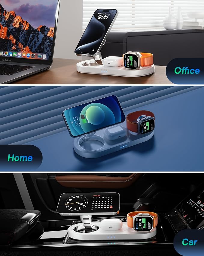 Upgraded 3 in 1 Wireless Charging Station for Apple Devices, Faster Mag-Safe Charger Stand, Magnetic Charger Station for iPhone 17/16/15/14/13/12 Series & AirPods Pro & Apple Watch Series (White)