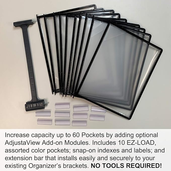 Ultimate Office AdjustaView 20-Pocket Desk Reference Organizer with Easy-Load Pockets and Compact Weighted Base for Stability, Black Pockets