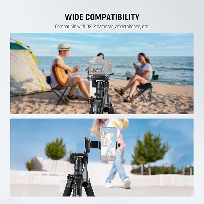 NEEWER Basics TP05 74" Video Tripod Monopod, 3 Way Pan Tilt Head Phone Holder Compatible with iPhone DSLR, Travel Recording Stand, Overhead Camera Mount, Crossbar, 17.6lb Load