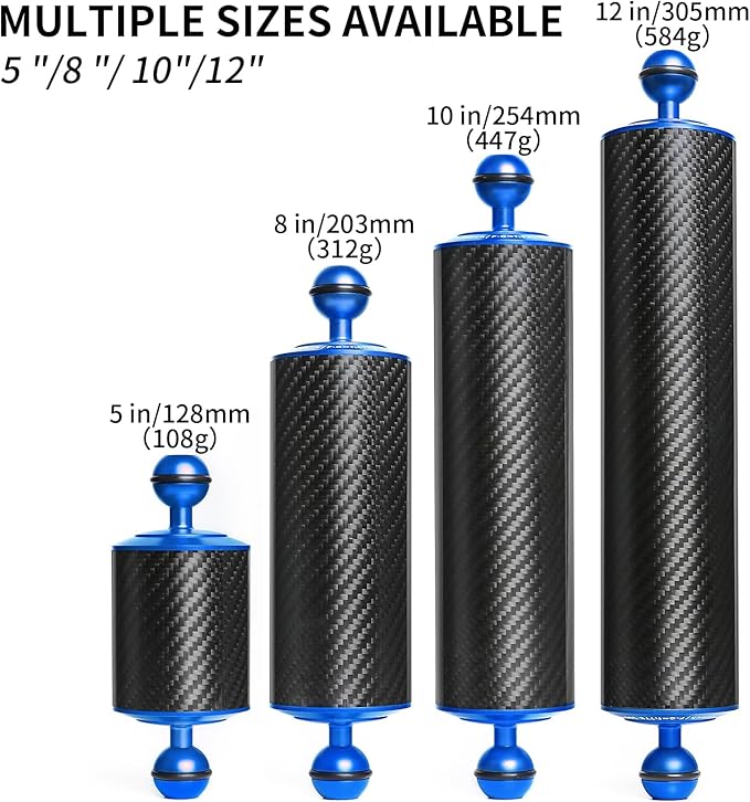 Blue 8" Carbon Fiber Underwater Float Arm (2-Pack) - Ultralight Dual 1" Ball Buoyancy System for Diving Tray Video Lights & Strobes