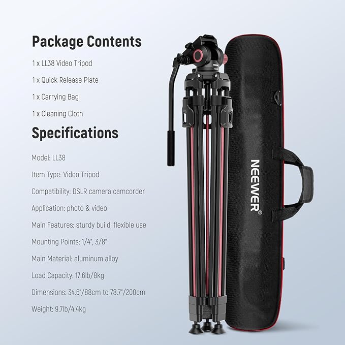 NEEWER LL38 79"/2m Video Camera Tripod with Fluid Head & Cleaning Cloth, Metal Heavy Duty Tripod Stand with One Step Quick Release Plate Compatible with Canon Nikon Sony Camcorder, Max Load 17.6lb