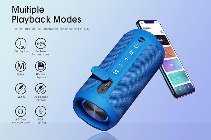 EDUPLINK Bluetooth Speaker IPX7 Waterproof Wireless Speaker with Bass 20H Playtime TWS Stereo Pairing Portable Outdoor Speakers for Beach Camping Travel Gifts for Men Women Girls Boys Teens Blue