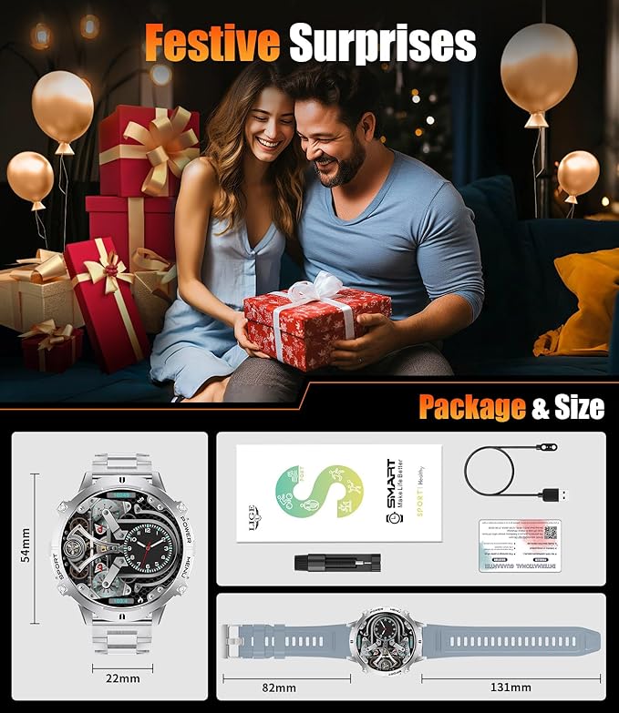 LIGE Smart Watches for Men with Compass/Barometer, 1,73'' HD AMOLED Large Display 3ATM Military Smartwatch with 900mAh Battery, 130+ Sports Modes, 24/7 Heart Rate/Sleep Monitor for Android iOS, Silver