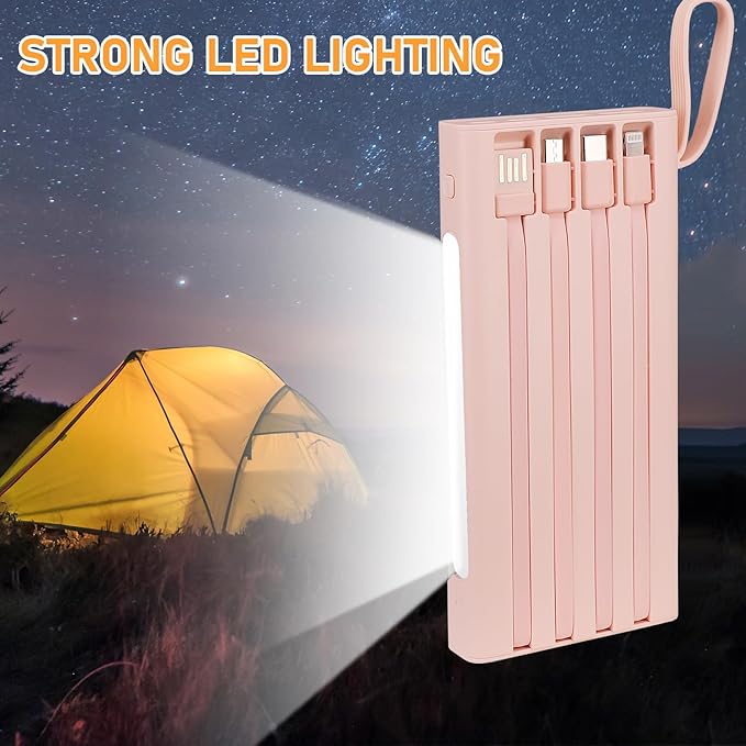 Portable Charger with Built in Cables,10000mAh Power Bank with LED Lamp Fast Charging 3.0 USB C External Battery Pack Phone Charger with LED Display for iPhone, Samsung and Cell Phones (Pink)