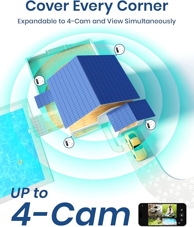 AOSU Security Cameras Outdoor Wireless, 4-Cam-Kit, 166° Ultra-Wide-Angle, Battery Powered, No Subscription, Home Security Cameras System with 2K Color Night Vision, Spotlight, Easy Setup, Motion Alert