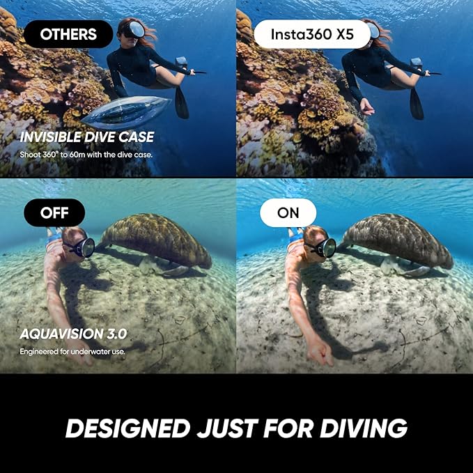 Insta360 X5 Invisible Dive Bundle - Waterproof 8K 360° Action Camera, Invisible Selfie Stick Effect, Leading Low Light, 3-Hour Battery, Clear Audio, Stabilization, AI Editing, Vivid Colors