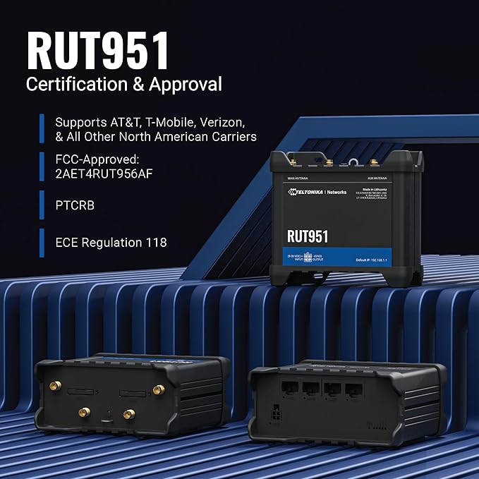 Teltonika RUT951 Industrial WiFi Cellular Router - 4G LTE (CAT 4), 3G - Wireless Access Point with Hotspot Functionality - Automatic WAN Failover, Dual SIM Internet Router (TELRUT951A00800)