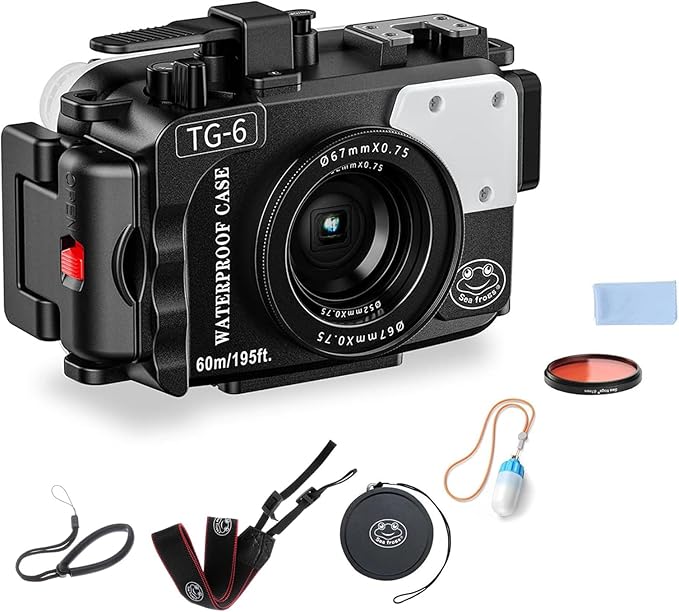 Seafrogs 60m/195ft Underwater Camera Housing for Olympus TG-6 – Waterproof Case with 52mm & 67mm Thread, Dual Fiber Optic Ports, Leak Detection, Stainless Steel Mounting Plate (TG-6-black)