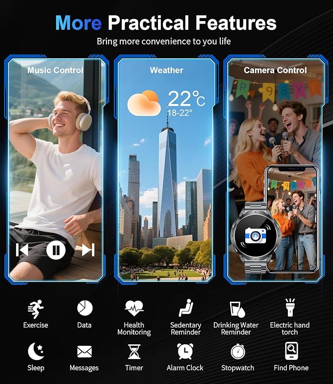 LIGE Smart Watches for Men with LED Flashlight/Call, 1,62'' HD AMOLED Screen 730mAh Military Smartwatches with 110+ Sports, 3ATM Fitness Tracker with 24/7 Heart Rate/Sleep for iOS Android, Black