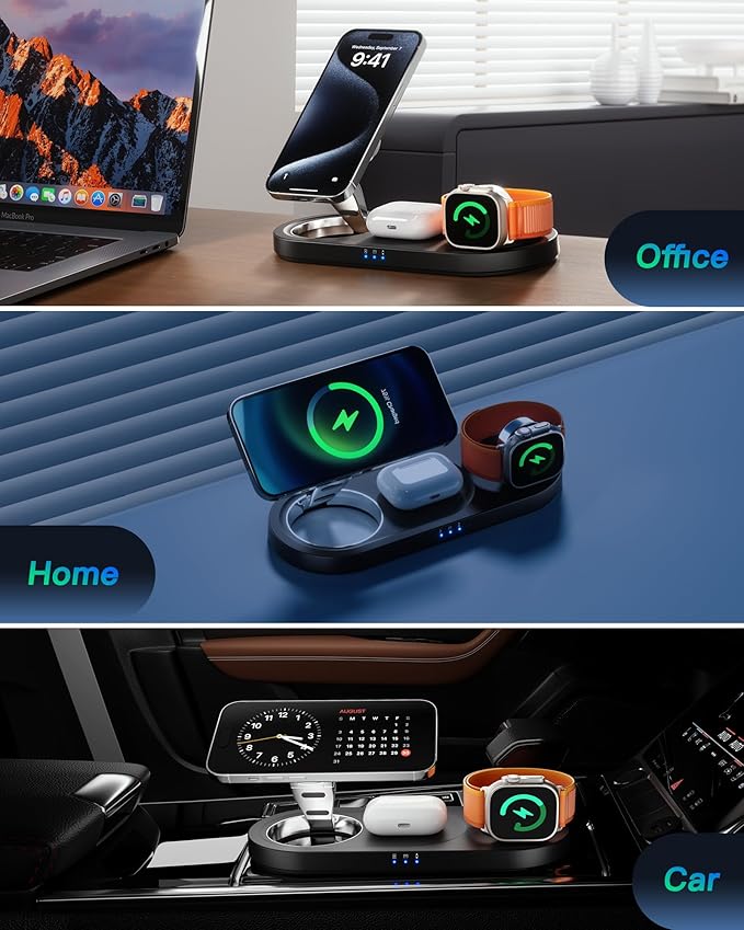 Upgraded 3 in 1 Wireless Charging Station for Apple Devices, Faster Mag-Safe Charger Stand, Magnetic Charger Station for iPhone 17/16/15/14/13/12 Series & AirPods Pro & Apple Watch Series (Black)