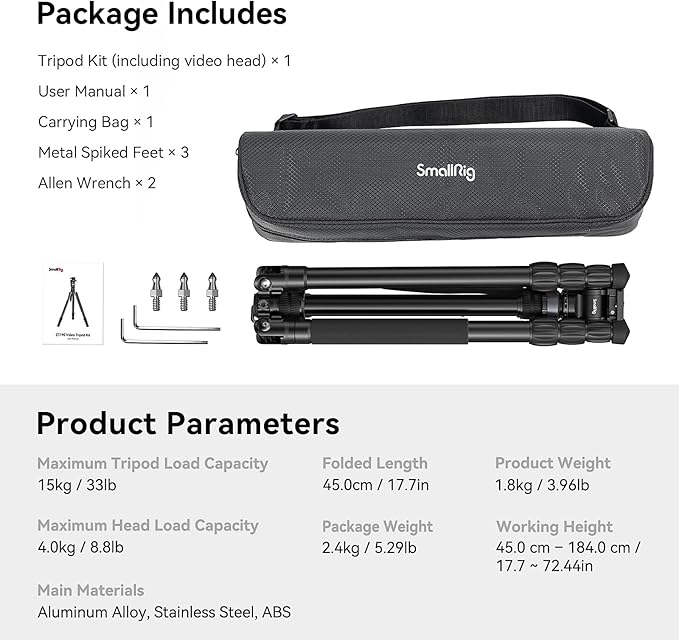 SmallRig CT190 Professional Video Tripod, 72" Camera Tripod with Leveling Base, Monopod Conversion, Video Tripod for Travel, Video and Vlogging, with Carry Bag, Load up to 8.8 lbs/4 kg - 4319