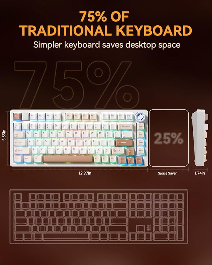 HI75CPro Mechanical Keyboards, RGB Backlit Tri-Mode BT5.0/2.4GHz/USB-C Gaming Keyboard, Hot Swappable Creamy Keyboard with PBT Keycaps for PC/Windows/iOS/Andriod - Turquoise Switch, Brown