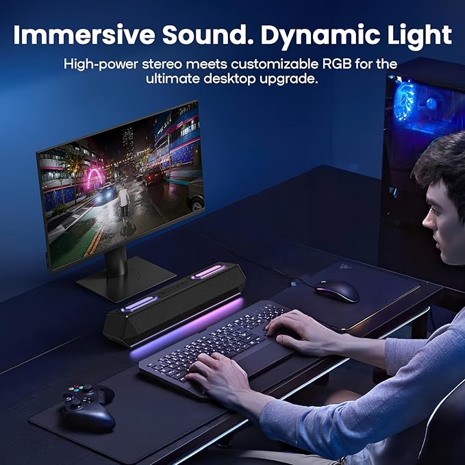 Deeyaple Computer Speakers, 40W Wireless Soundbar for Desktop PC with Bluetooth 5.3 & USB Audio, Software Custom EQ, Dynamic RGB Lighting, External Power Adapter Gaming Speakers, Laptop, Xbox (Black)