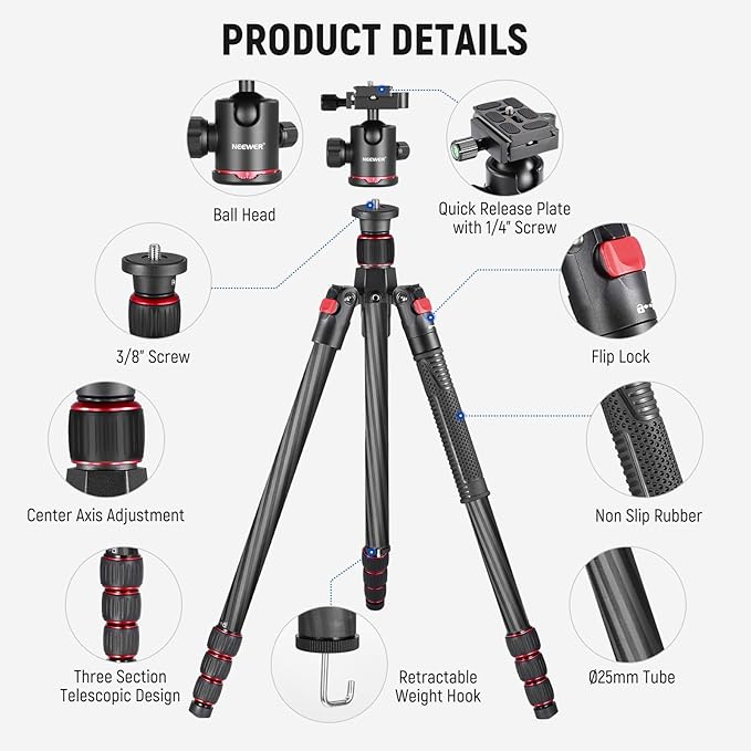 NEEWER 66"/168cm Carbon Fiber Tripod for Camera with 360° Panorama Ball Head, 1/4" Arca QR Plate, Portable Bag, Compact Travel Tripod Monopod for DSLR Video Camcorder, Max Load 26.5lb/12kg, N55C