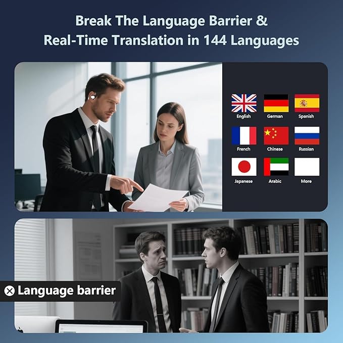 AI Translation Earbuds Real Time 164 Languages 80H Playtime Translator Ear Buds Audifonos Traductores Inglés Español Wireless Earphones Bluetooth Headphones for Travel Business Meeting Learning Black