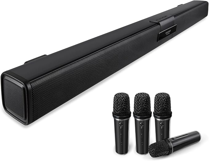 TV Soundbar Speaker with Bluetooth/AUX/USB/TF/Coaxial, Sound Bar for Smart TV with 4 Wireless Microphones, Surround Sound System for TV (Full Black, 4mic)