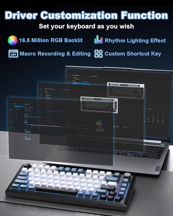 Y75 Wireless Mechanical Keyboard,75% Wireless Gasket RGB Gaming Keyboard,PBT Keycaps,2.4GHz/USB-C/BT5.0 Creamy Keyboard with Knob(Black&Blue,Milk Switch)