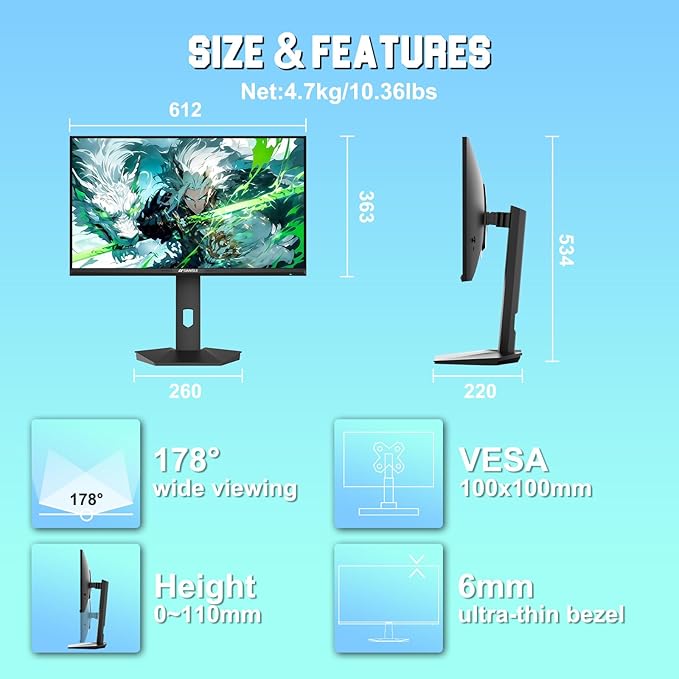 SANSUI 27 inch WQHD 200Hz 180Hz Gaming Monitor 2560×1440P-AMD FreeSync 1ms DCI-P3 95% Fast IPS Computer Monitor,Height Adjustable Vertical/Horizontal Rotating, 2×DisplayPort/HDMI 丨HDR丨Low Motion Blur